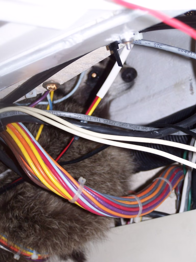 Raccoon removed from boat at a CT marina. Found sleeping in boats wiring harness