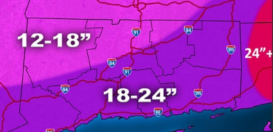 Map of Connecticut snow totals for blizzard Feb 23 2026