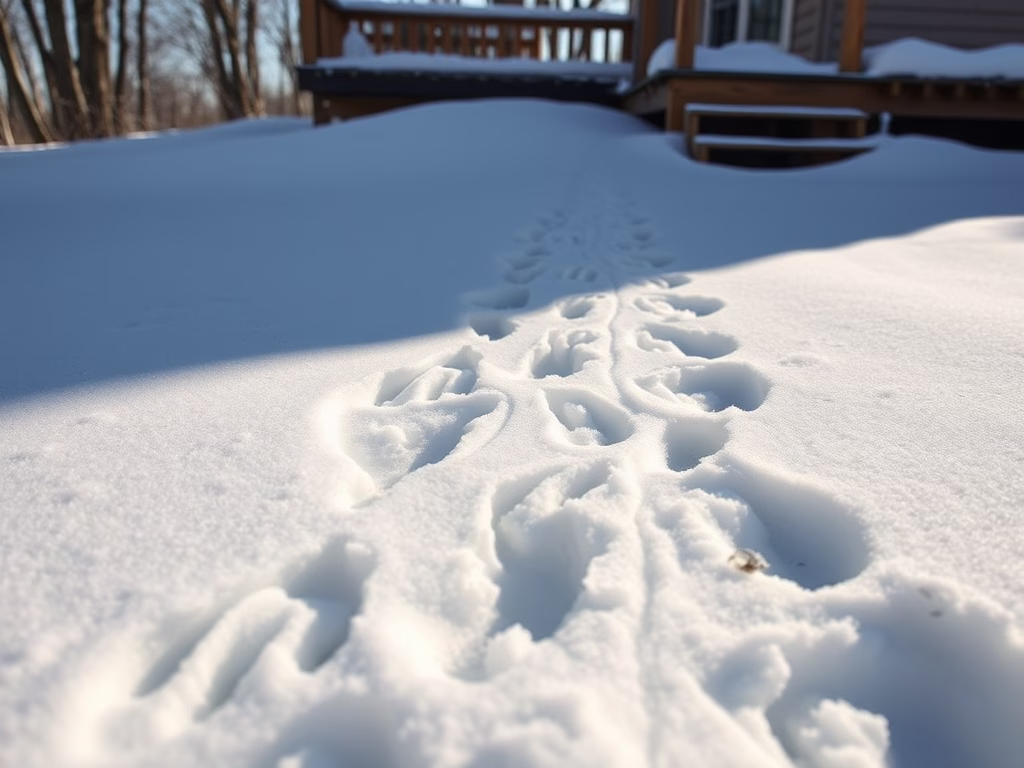 Animal trail leading under deck in snow Madison CT