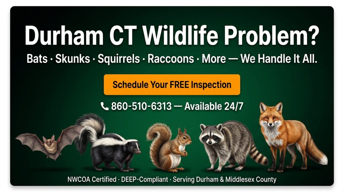 RF Wildlife removal specialists serving Durham CT — humane bat, skunk, squirrel, and raccoon control for Middlesex County homeowners